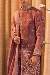 Shop_Jigar & Nikita_Maroon Habutai Silk Embroidery Thread And Sequin Sherwani Set  _at_Aza_Fashions