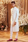 Shop_Bindani by Jigar & Nikita_White Textured Sherwani And Churidar Set_at_Aza_Fashions