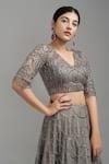 Devika Seth_Grey Dupion Silk Embroidery V Neck Embellished Lehenga Set _Online_at_Aza_Fashions