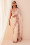 Sanjev Marwaaha_White Georgette Embroidery 3d Applique Floral Ple-pleated Saree With Blouse _Online_at_Aza_Fashions