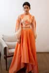 Labbada_Orange Chanderi Silk Band Collar Embroidered Top_Online_at_Aza_Fashions