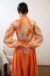 Shop_Labbada_Orange Chanderi Silk Band Collar Embroidered Top_at_Aza_Fashions