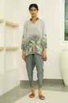 Buy_Kalista_Grey Viscose Crepe Embroidery Mandarin Collar Dahlia Tunic And Tulip Pant Set _at_Aza_Fashions