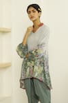 Kalista_Grey Viscose Crepe Embroidery Mandarin Collar Dahlia Tunic And Tulip Pant Set _Online_at_Aza_Fashions