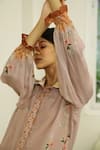 Buy_Kalista_Peach Viscose Crepe Embroidery Shirt Collar Saina Tunic And Pant Set _Online_at_Aza_Fashions