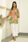 Buy_Kalista_Peach Viscose Crepe Embroidery Spread Collar Saira Tunic And Pant Set _at_Aza_Fashions