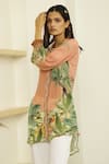 Kalista_Peach Viscose Crepe Embroidery Spread Collar Saira Tunic And Pant Set _Online_at_Aza_Fashions