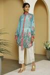 Buy_Kalista_Blue Viscose Crepe Embroidery Mandarin Collar Norah Tunic And Pant Set _at_Aza_Fashions