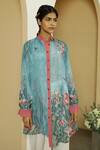 Kalista_Blue Viscose Crepe Embroidery Mandarin Collar Norah Tunic And Pant Set _Online_at_Aza_Fashions