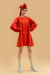 Buy_Little Things Studio_Orange Cotton Satin Embroidery Round Bishop Sleeve Dress_at_Aza_Fashions