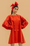 Buy_Little Things Studio_Orange Cotton Satin Embroidery Round Bishop Sleeve Dress_Online_at_Aza_Fashions