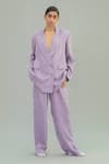 Buy_Little Things Studio_Purple Cotton Satin Embroidery Lapel Double Breasted Jacket And Pant Set  _at_Aza_Fashions