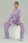 Buy_Little Things Studio_Purple Cotton Satin Embroidery Lapel Double Breasted Jacket And Pant Set  _Online_at_Aza_Fashions