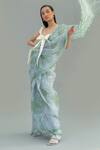 Little Things Studio_Blue Organza Printed Saree_Online_at_Aza_Fashions