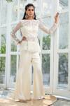 Buy_Kanj By Priyanka A Sakhuja_Ivory Silk Satin Sequin And Bead Work Illusion Luca Peplum Top & Pant Set _at_Aza_Fashions