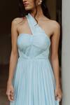 Pinup By Astha_Blue Flat Chiffon Plain One Shoulder Luna Pleated Gown _Online_at_Aza_Fashions