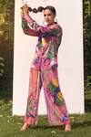 The Boozy Button_Multi Color Satin Silk Digital Print Spread Collar Shirt And Flared Pant Set_Online_at_Aza_Fashions