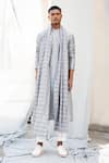 Buy_Antar Agni_Grey Geometric Stripes Handloom Cotton Scarf _at_Aza_Fashions