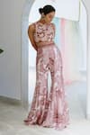 Shop_Mishru_Pink Dupion Hand Embroidered Crop Top With Flared Pant_at_Aza_Fashions