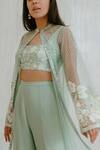 Shop_Mishru_Green Georgette Square Neck Chanderi Embroidered Jacket With Pant Set  _at_Aza_Fashions