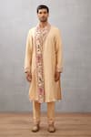 Torani_Beige Viscose Silk Chintz Kasturi Kanan Draped Collar Kurta Set _Online_at_Aza_Fashions