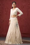 MINAKI_Off White Net Embroidery Sequins V Neck Art Deco Bridal Lehenga Set _Online_at_Aza_Fashions