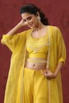 Shop_MINAKI_Yellow Raw Silk Embroidery Pearls Blouse Scoop Border Cape Sharara Set _Online_at_Aza_Fashions