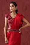 Buy_MINAKI_Red Crepe And Organza Embroidery Sequins V Neck Pre-draped Ruffle Saree Set _Online_at_Aza_Fashions