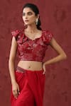 Shop_MINAKI_Red Crepe And Organza Embroidery Sequins V Neck Pre-draped Ruffle Saree Set _Online_at_Aza_Fashions