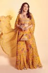 Buy_DiyaRajvvir_Yellow Georgette Printed Cape And Pant Set_at_Aza_Fashions