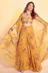 Buy_DiyaRajvvir_Yellow Georgette Printed Cape And Pant Set_Online_at_Aza_Fashions