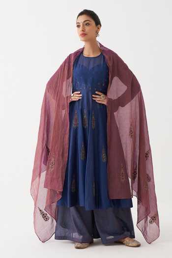 Shop_Rhua_Blue Dupatta Tissue , Kurta Madiha Embroidered Anarkali Set _at_Aza_Fashions