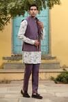 Raw & Rustic By Niti Bothra_Purple Cotton, Linen Embroidery Floral Printed Kurta Set With Bundi _at_Aza_Fashions