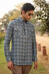 Raw & Rustic by Niti Bothra_Blue 60 Lea Checkered Linen Kurta Shirt _at_Aza_Fashions