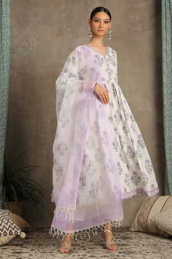 Maison Shefali_Purple Cotton V Neck Floral Print Anarkali Set _Online_at_Aza_Fashions