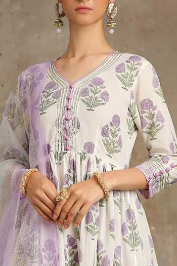Shop_Maison Shefali_Purple Cotton V Neck Floral Print Anarkali Set _Online_at_Aza_Fashions