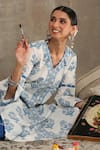 Shop_Maison Shefali_Blue Cotton V Neck Floral Print Kurta Set _Online_at_Aza_Fashions