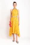Buy_Prevasu_Yellow Logo, Sequin And Mirror Work Halter Neck Printed Pleated Dress  _at_Aza_Fashions