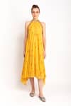 Buy_Prevasu_Yellow Logo, Sequin And Mirror Work Halter Neck Printed Pleated Dress  _Online_at_Aza_Fashions