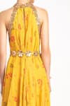 Prevasu_Yellow Logo, Sequin And Mirror Work Halter Neck Printed Pleated Dress  _at_Aza_Fashions