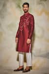 Shop_Diyarajvvir_Maroon Cotton Silk Sunray Embroidered Kurta _at_Aza_Fashions