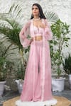 Buy_Kanj By Priyanka A Sakhuja_Pink Capo Organza, Matte Satin Sequin, Thread And Maire Bell Bottom Pant Set _at_Aza_Fashions