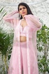 Kanj By Priyanka A Sakhuja_Pink Capo Organza, Matte Satin Sequin, Thread And Maire Bell Bottom Pant Set _Online_at_Aza_Fashions