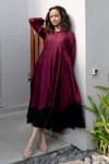 Buy_Kavya Singh Kundu_Maroon Silk Round Neck Port Mulberry Colour Block Hem Dress _at_Aza_Fashions