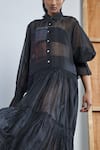 Shop_Urvashi Kaur_Black Chanderi Silk Collared Striped Sheer Tiered Dress_at_Aza_Fashions
