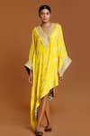 Buy_Masaba_Yellow Crepe Embroidery V Neck Foil Print Asymmetric Kaftan _at_Aza_Fashions