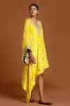 Masaba_Yellow Crepe Embroidery V Neck Foil Print Asymmetric Kaftan _Online_at_Aza_Fashions