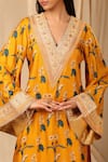 Shop_Masaba_Yellow Raw Silk Printed Spring Blossom V Neck Kurta Set _Online_at_Aza_Fashions