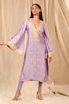 Buy_Masaba_Purple Raw Silk Printed Wine Garden V Neck Kurta_at_Aza_Fashions