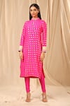 Masaba_Pink Silk Printed Wallflower Mandarin Collar Foil Kurta _Online_at_Aza_Fashions